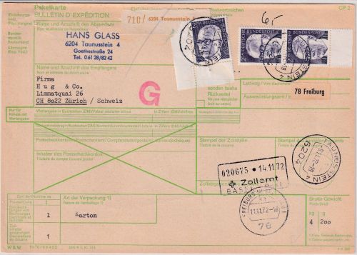 BRD - 3x2 DM Heinemann Paketkarte i.d. SCHWEIZ Taunusstein - Zürich 1972