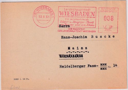 BRD - Wiesbaden 1961 8 Pfg. AFS "Landeshauptstadt" Ortskarte
