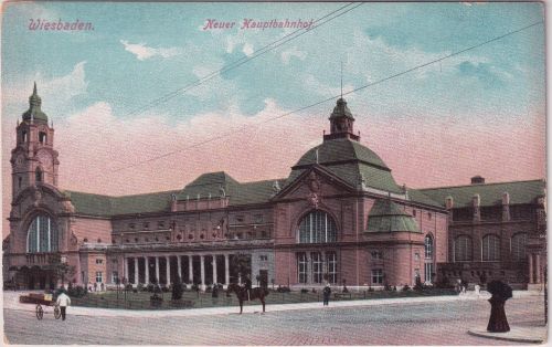 Hessen - Wiesbaden Neuer Hauptbahnhof farb. AK ungelaufen ca. 1910