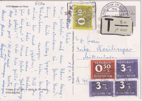 BRD - Rüdesheim a/Rh. 1993 unfrankierte Karte n. ÖSTERREICH - Nachporto