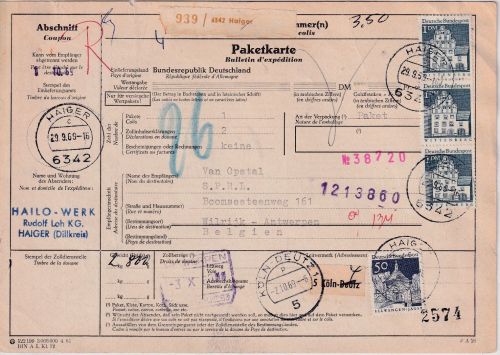 BRD - 3x1 DM+50 Pfg. gr. Bauwerke Paketkarte n. BELGIEN Haiger - Antwerpen 1969