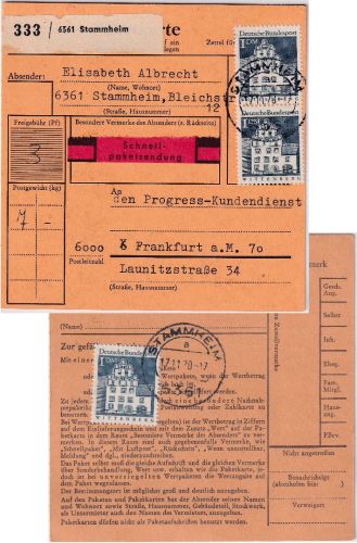 BRD - 3x1 DM gr. Bauwerke Schnellpaketkarte Stammheim - Frankfurt a/M. 17.11.70