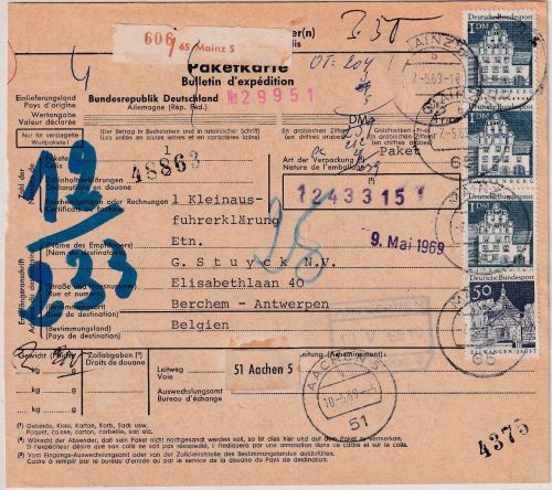 BRD - 3x1 DM+50 Pfg. gr. Bauwerke Paketkarte n. BELGIEN Mainz 5 - Berchem 7.5.69