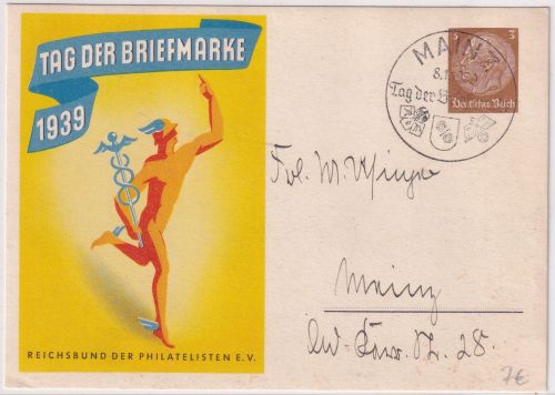 DR - Tag der Briefmarke 1939 3 Pfg. Hindenburg Sonderganzsache SST Mainz 8.1.39