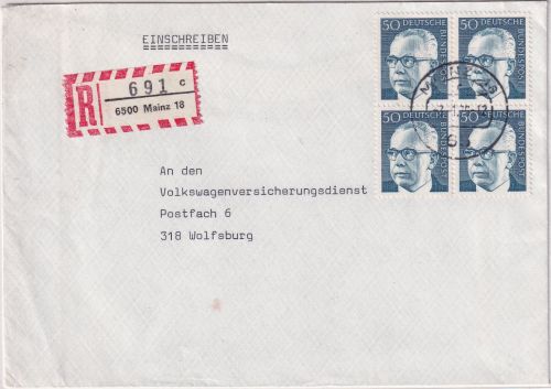 BRD - 50 Pfg. Heinemann 4er-Block Einschreibebrief Mainz 18 - Wolfsburg 2.1.76