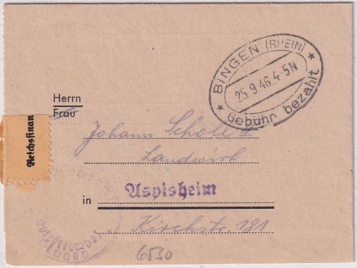 All.Bes. - Bingen 25.9.46 Gebühr bezahlt Ovalstpl. Faltbrief n. Aspisheim
