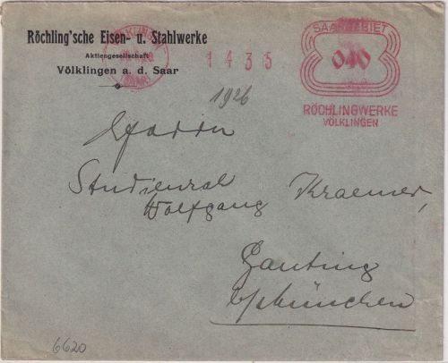 Saargebiet - Völklingen 1926 40 C Frankotyp AFS "Röchlingwerke" Brief n. Gauting
