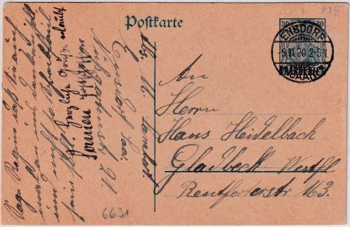 Saargebiet - 30 Pfg. Germania/Überdruck Ganzsache Ensdorf - Gladbeck 9.11.20