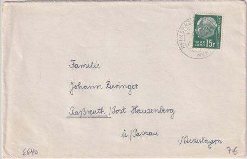 Saarland - 15 F. Heuss Brief Reimsbach ü. Merzig - Raßreuth b. Passau 1958