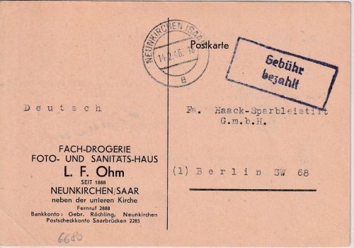 Saar - Neunkirchen 14.2.46 Gebühr bezahlt Ra2 Karte n. Berlin