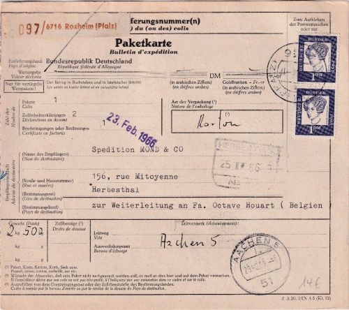 BRD - 2x1 DM Bed. Deutsche u.a. Paketkarte n. BELGIEN Roxheim - Herbesthal 1966