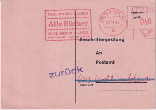 BRD - München 1977 Anschriftenprüfung n. Kirchheimbolanden
