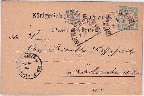Bayern - Germersheim 7/8 HKS 5 Pfg. Wappen Ganzsache n. Karlsruhe