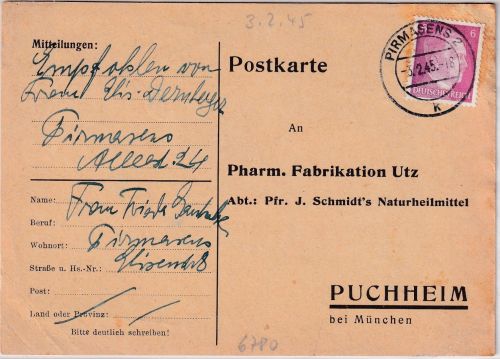 DR - Pirmasens 2 - 3.2.45 Firmenkarte n. Puchheim - spätes Datum