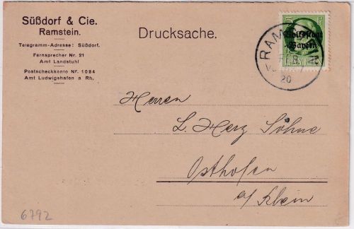 Bayern - 5 Pfg. Ludwig/Volksstaat Drucksachenkarte Ramstein - Osthofen 12.2.20