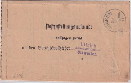 Bayern - Konken 1917 unfrank. Postzustellungsurkunde n. Ottweiler