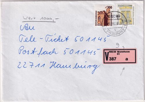 BRD - 700+300 Pfg. SWK Wertbrief Mannheim 61 - Hamburg 7.7.95 - Label !