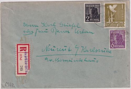 All.Bes. - 1 M. Taube ua. Einschreibebrief Adelsheim - Neureut ü. Karlsruhe 1948