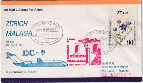 BRD - Banhpost Stuttgart Zürich Zug 00837 Zuleitung SWISSAIR Erstflug 1981