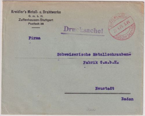 DR - Zuffenhausen Gebühr bezahlt 5 Pf. 22.4.29 roter Tagesstempel Drucksache