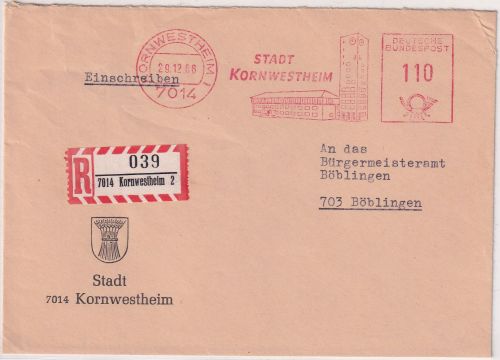 BRD - Kornwestheim 1968 110 Pfg. AFS "Stadt Kornwestheim" Einschreibebrief