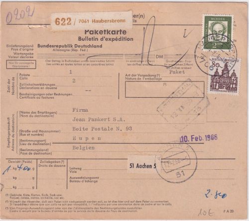 BRD - 2 DM Bed. Deutsche u.a. Paketkarte n. BELGIEN Haubersbronn - Eupen 1966