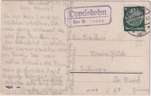 DR - Oppelsbohm ü. Backnang Landpost-Ra2 Karte n. Tübingen 1934