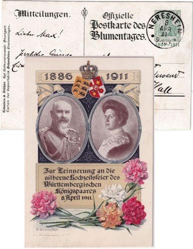 DR - 5 Pfg. Germania Privatganzsache Blumentag/Silberhochzeit Neresheim 1911