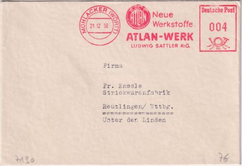 BRD - Mühlacker (Württ.) 21.12.50 4 Pfg. AFS "Atlan-Werk" Drucksache