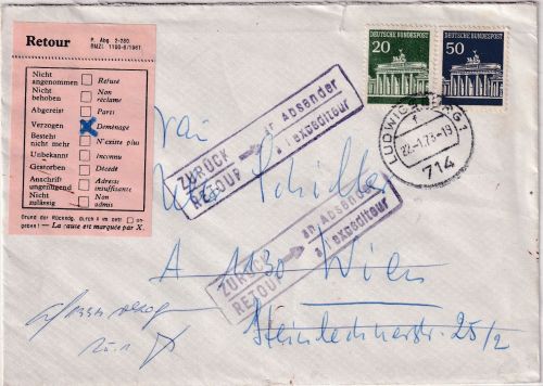 BRD - 50+20 Pfg Brandenburger Tor Brief n. ÖSTERREICH Ludwigsburg 22.1.73 Retour