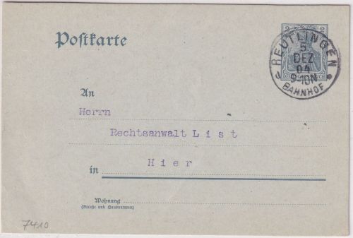 DR - 2 Pfg. Germania Ganzsache/Ortskarte Reutlingen Bahnhof 5. DEZ 04