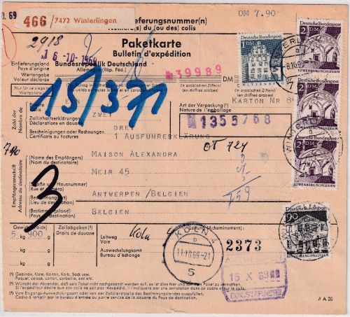 BRD - 3x2 DM gr. Bauwerke u.a. Paketkarte n. BELGIEN Winterlingen Antwerpen 1969