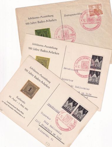 BRD - Karlsruhe 100 Jahre Badenmarken SST 3 Schmuckkuverts 1.5.1951