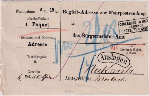 DR - Carlsruhe Bahnhof 17/12 72 Ra3 Begleitadresse f. Fahrpost-Nachnahmepaket