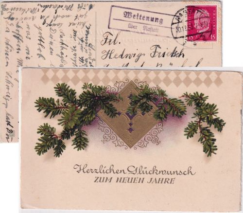 DR - Weitenung ü. Rastatt Landpost-Ra2 Neujahrskarte i.d. SCHWEIZ 30.12.33