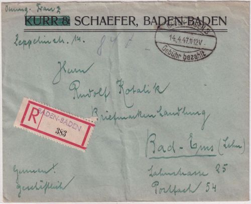 FZ/Baden - Baden-Baden 2 14.4.47 Gebühr bezahlt Einschreibebrief n. Bad Ems
