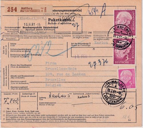 BRD - 2x3DM+5 Pfg. Heuss I Paketkarte n. BELGIEN Mahlberg ü. Lahr 10.2.61