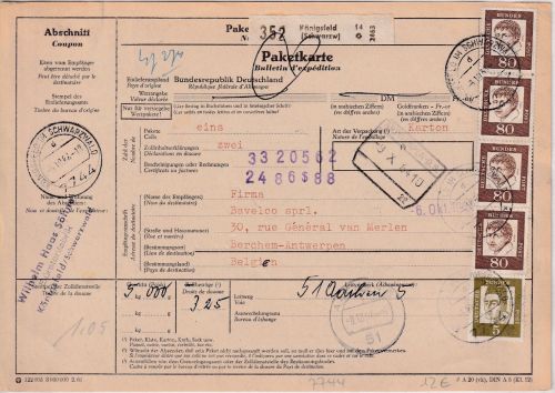 BRD - 4x80+5 Pfg. Bed. Deutsche Paketkarte n. BELGIEN Königsfeld - Berchem 1964
