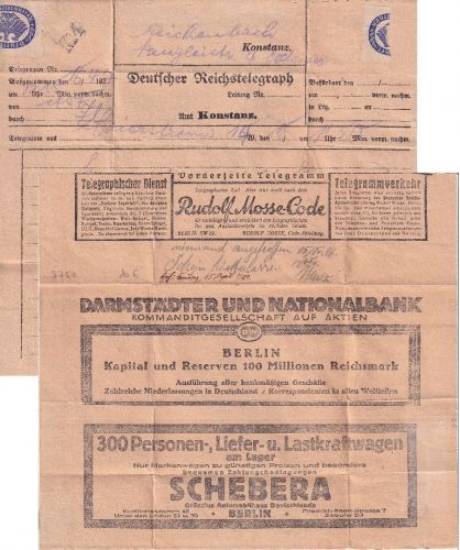 DR - Telegramm 1927 Baiersbronn - Konstanz m. rs. Reklame