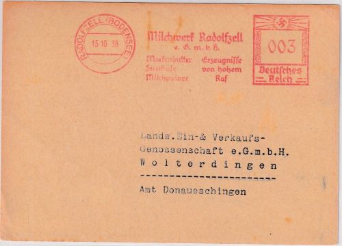 DR - Radolfzell 15.10.38 3 Pfg. AFS "Milchwerk" Drucksachenkarte n. Wolterdingen