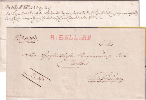 Baden/Schweiz - R.Zell R" (Radolfzell) roter L1 Dienstbrief n. Schaffhausen 1827