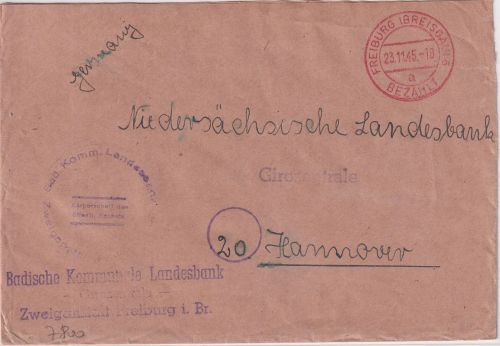 FZ/Baden - Freiburg (Breisgau) 6 23.11.45 Gebühr bezahlt roter Tagesstpl. Brief