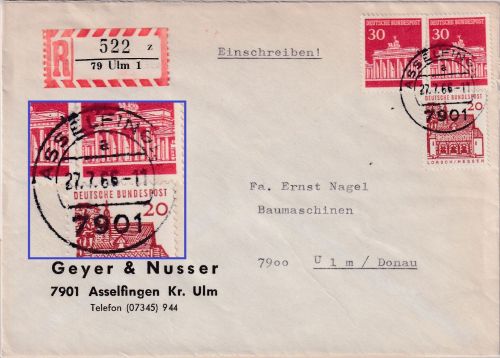 BRD - Asselfingen 1966 Poststelle I Einschreibebrief R-Zettel Ulm !!