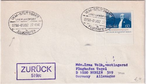 BRD - Ulm Stuttgart Flughafen Überlandpost 0790-01/02 Brief n. Berlin 1980