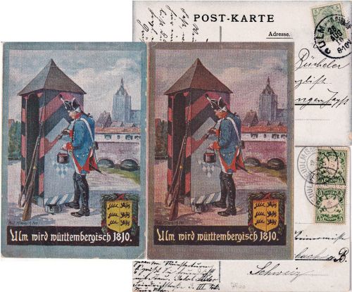 Württemberg - Ulm "wird württembergisch 1810" 2 farb. Künstlerkarten 1910