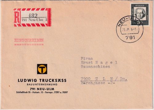 BRD - Neu-Ulm 2 25.10.65 Firmen-Einschreibebrief n. Ulm