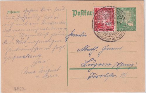 DR - 5 Pfg. Rheinland Ganzsache + themengl. Zusatz i.d. SCHWEIZ Buchau 1925