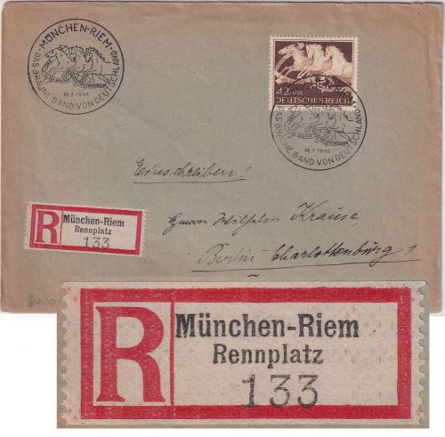 DR - 42 Pfg. Braunes Band Einschreibebrief SST+Sonder-R-Zettel München-Riem 1942