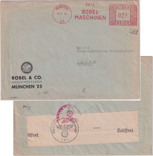 DR - München 25 10.3.43 25 Pfg. AFS "Robel-Maschinen" Zensurbrief i.d. SCHWEIZ