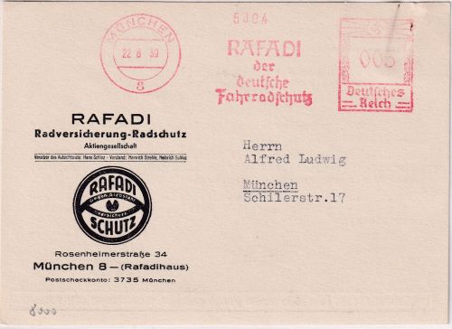DR - München 8 22.8.38 5 Pfg. AFS "RAFADI Fahrradschutz" Ortskarte